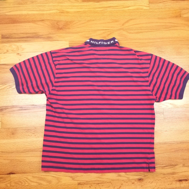 Vintage 90s Tommy Hilfiger Red Stripped Polo Shirt Spell Out size XL