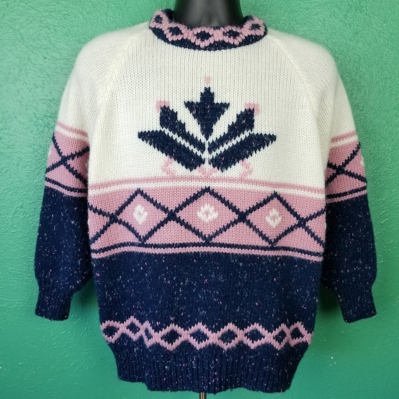 Vintage 80s Sweater Pastel Pink white Grandma Gra… - image 1