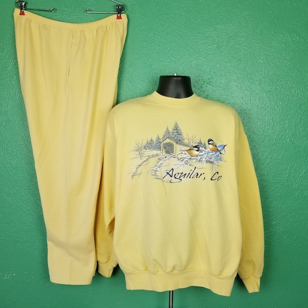 Vintage 80s Sweatsuit Yellow Sweat shirt and sweatpants Winter Snow Christmas Birds Aguilar Colorado Xl