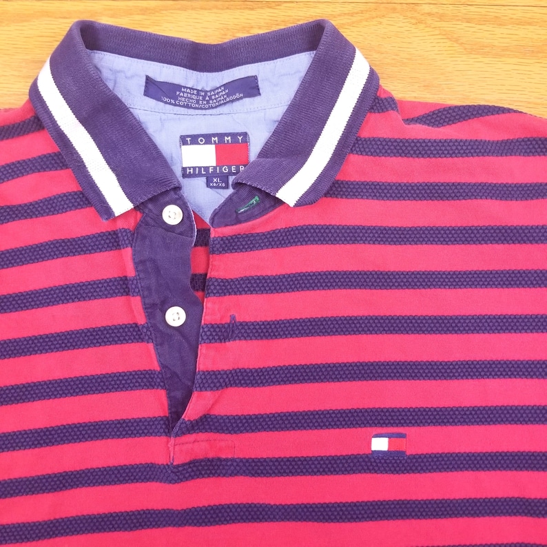 Vintage 90s Tommy Hilfiger Red Stripped Polo Shirt Spell Out size XL