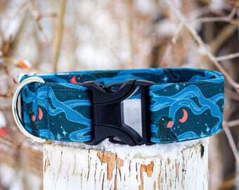 Sirius Snack Dog Collar: Space, Galaxy, Wolf, Moon, Teal, Blue, Recycled Canvas, Custom, Buckle, Slip on, Martingale, Dog on the Moon