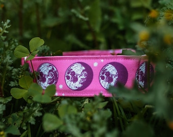 Moongenta Dog Collar, Moon Phases, Space, Magenta, Pink, Purple, Recycled Canvas, Custom, Buckle, Slip on, Martingale, Dog on the Moon