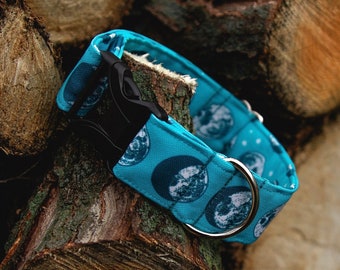 Aquamoonrine Dog Collar, Moon Phases, Space, Blue, Teal, Aqua, Recycled Canvas, Custom, Buckle, Slip on, Martingale, Dog on the Moon