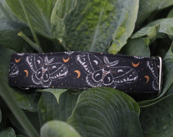 Moonlit Moth Dog Collar, Crescent Moon, Insects, Nature, Black, Classic Cotton Collar, Custom, Buckle, Slip on, Martingale, Dog on the Moon