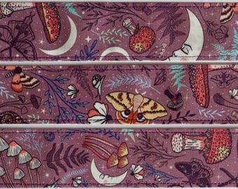 Fae Forest Dog Collar: Mushroom, Moth, Moon, Woods, Nature, Purple, Classic Cotton, Custom, Buckle, Slip on, Martingale, Dog on the Moon