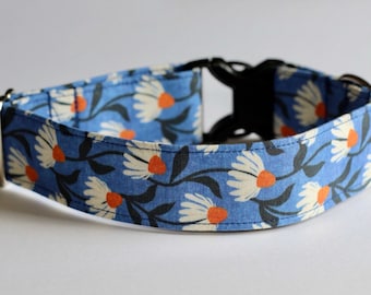 Rainy Daisy Dog Collar, Coneflower, Floral, Flowers, Blue, Classic Cotton Collar, Custom, Buckle, Slip on, Martingale, Dog on the Moon