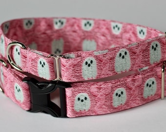 Boo Thang Dog Collar: Ghost, Spooky, Sweater, Halloween, Pink, Cute, Recycled Canvas, Custom, Buckle, Slip on, Martingale, Dog on the Moon