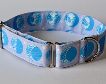 Perimoonkle Dog Collar: Moon Phases, Space, Lilac, Blue, Stars, Recycled Canvas, Custom, Buckle, Slip on, Martingale, Dog on the Moon