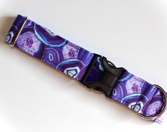 Fugi Dog Collar, Geodes Collection, Purple Crystal, Agate, Classic Cotton Collar, Custom, Buckle, Slip on, Martingale, Dog on the Moon