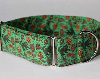 Trippy Treat Dog Collar: Halloween, Ghost, Mushroom, Skull, Witch, Classic Cotton, Custom, Buckle, Slip on, Martingale, Dog on the Moon