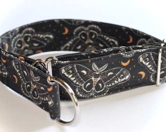 Moonlit Moth Dog Collar, Crescent Moon, Insects, Nature, Black, Classic Cotton Collar, Custom, Buckle, Slip on, Martingale, Dog on the Moon
