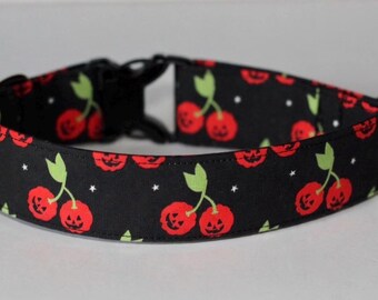 Cherry Jack Dog Collar: Halloween, Pumpkin, Jack O Lantern, Cherries, Classic Cotton, Custom, Buckle, Slip on, Martingale, Dog on the Moon
