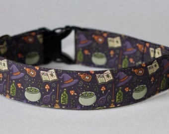 Spellbound Dog Collar: Halloween, Witch, Potion, Cauldron, Witch Hat, Classic Cotton, Custom, Buckle, Slip on, Martingale, Dog on the Moon