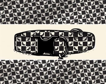 Bat Doren Dog Collar: Halloween, B&W, Checkered, Spooky, Bats, Classic Cotton, Custom, Buckle, Slip on, Martingale, Dog on the Moon