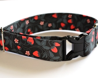 Goth Berry Dog Collar, Strawberry, Gothic, Victorian, Black, Classic Cotton Collar, Custom, Buckle, Slip on, Martingale, Dog on the Moon