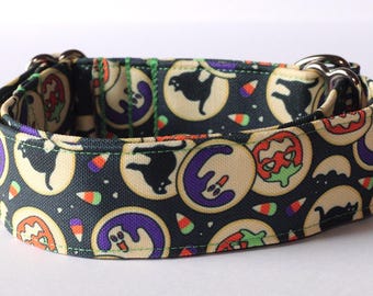 Licorice Halloween Cookie Dog Collar: Ghost, Pumpkin, Cat, October, Recycled Canvas, Custom, Buckle, Slip on, Martingale, Dog on the Moon