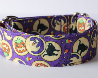 Grape Halloween Cookie Dog Collar: Ghost, Pumpkin, Cat, October, Recycled Canvas, Custom, Buckle, Slip on, Martingale, Dog on the Moon