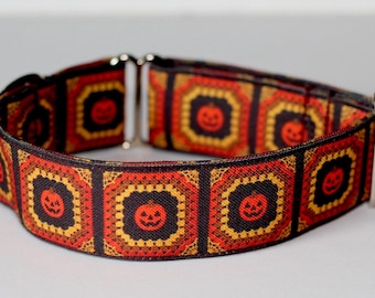 Dawn Pumpknit Dog Collar: Pumpkin, Sweater, Halloween, Spooky, Recycled Canvas, Custom, Buckle, Slip on, Martingale, Dog on the Moon