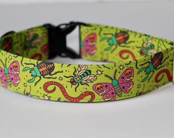 Slime Bugs Dog Collar: Insects, Halloween, Moth, Beetle, Worm, Spider, Classic Cotton, Custom, Buckle, Slip on, Martingale, Dog on the Moon