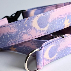 Petrichor Dog Collar: Rain Clouds, Lightning, Lavender, Moon, Classic Cotton Collar, Custom, Buckle, Slip on, Martingale, Dog on the Moon