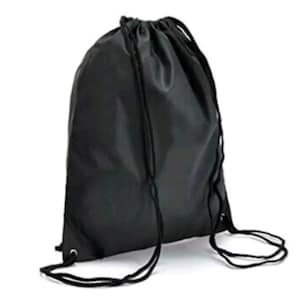 May include: A black drawstring bag, ideal for carrying gym clothes or other items. The bag is made of a smooth, durable material and features a drawstring closure at the top. The drawstring is black and matches the bag's color.