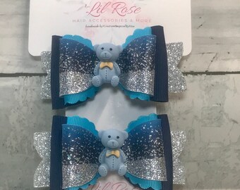 Girl's Sparkle Hair Bow, Blue, Birthday Gift, Girl's Hair, Bear Theme, Spring Decor, Mother’s Day gift, Easter Gift, Valentine’s Day Gift