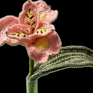 May include: A crocheted pink flower with yellow accents and a green crocheted stem in a clear glass vase.