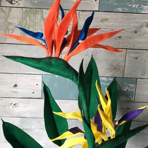 Two Bird of Paradise felt flowers. One flower with orange tepals and blue petals, and the second flower with yellow tepals and purple petals surrounded by 7 leaves. 3 small leaves, 2 medium leaves, and 2 large leaves.