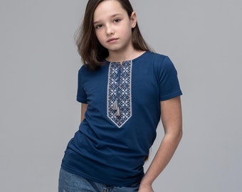 Blue T-shirt for girls "The Power of the Family", vishyvanka for girl, Ukrainian embroidered shirt for kids
