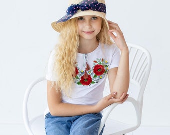 Embroidered T-shirt for girls "Poppies Blossom", vishyvanka for girl, Ukrainian embroidered t-shirt for kids, ukrainian embroidery t-shirt
