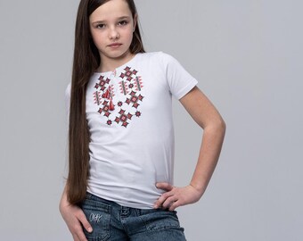 Embroidered T-shirt for girls "Star shine" red embroidery, vishyvanka for girl, Ukrainian embroidered t-shirt for kids