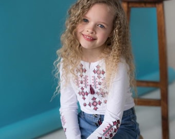 Embroidered T-shirt with long sleeve for girls "Star shine" red embroidery, vishyvanka for girl, Ukrainian embroidered t-shirt for kids