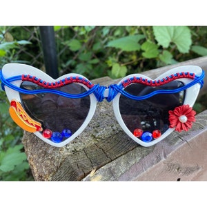Red white and blue USA Sunglasses Embellished Rave Festival Decorated Sunnies Shades