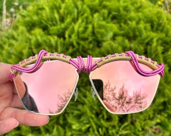Mirror reflective pink Festival Sunglasses | Handmade Rave Shades | UV400 Protection | Trippy Music Festival Glasses