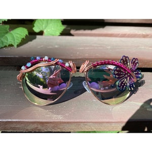 Wire wrapped aviator sunglasses, flower aviators, blue and pink sunglasses