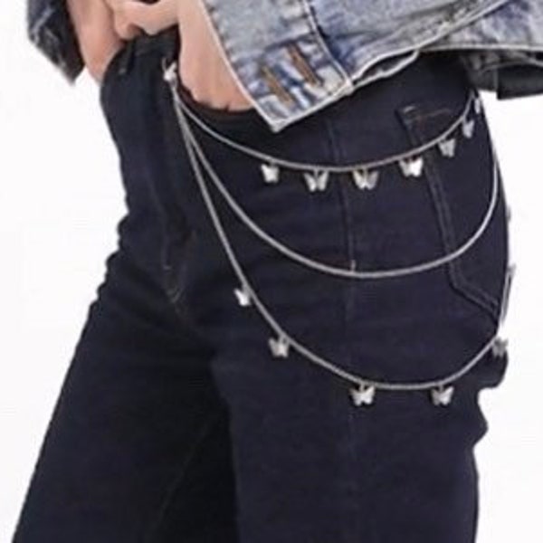 BTS /K-POP/ butterfly charm Chain/Metal /Wallet/bag /Silver/ Rock /HipHop/ purse/Pant /jeans/dress/skirt Waist Link Belt Jewelry/key ring