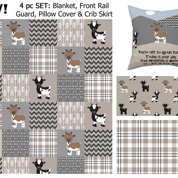 4 Piece -Baby Boy Farm Theme Crib Bedding - Minky Blanket, Rail Guard, Crib Skirt & Accent Pillow Cover with Goats in Taupe and Black