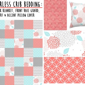 May include: A set of coral and grey cot bedding, including a patchwork blanket, a front rail guard, a cot skirt, and an accent pillow cover. The bedding features a variety of patterns, including polka dots, chevron, and floral designs.
