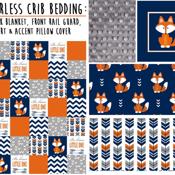 SPECIAL! Baby Boy 4 PC Fox Crib Bedding in Navy, Orange and Grey  - Patchwork Blanket, Crib Skirt, Front Rail Guard and Accent Pillow