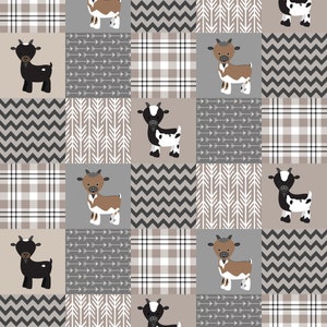 Peut inclure: Un motif patchwork avec des chèvres de dessin animé de différentes couleurs, sur un fond de motifs à carreaux, chevrons et flèches. La palette de couleurs comprend des nuances de marron, de gris et de blanc, créant une esthétique cohérente et ludique.