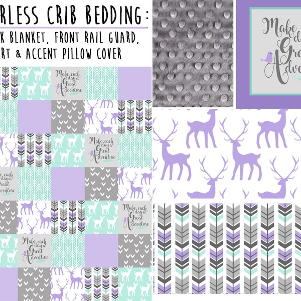 NEW! 4 piece  Woodland Stag Deer Baby Girl Crib Bedding in Lilac, Mint and Grey