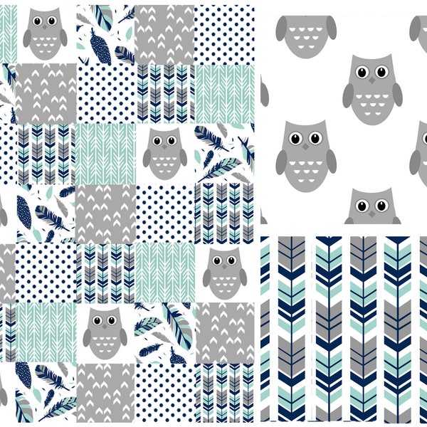 Owl Crib Bedding Set in Navy, Mint and Grey  - Patchwork Blanket, Crib Skirt, Owl Crib Sheet