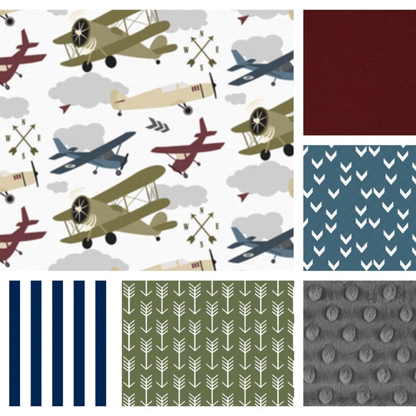 Vintage Airplane Crib Bedding | Minky Blanket, Crib Sheet and Crib Skirt  in Slate Blue, Deep Red and Olive Green