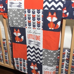 Best Seller* Fox Patchwork Baby Blanket with Cotton Patchwork Front and Navy Minky Backing