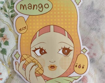 Mango Früchte Mädchen Aufkleber | Original Charakter Zeichnung| Wasserdichtes glänzendes gestanztes Vinyl | Zart Pastell