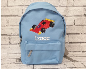 Personalised Toddler Backpack, Embroidered Car Rucksack, Nursey Bag, School Bag, Unisex, Boy, Girl, Racing Car Bag