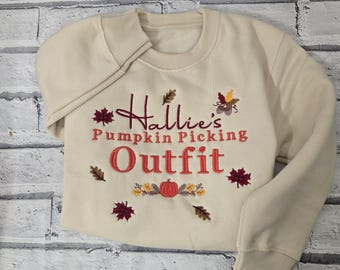 Personalised Halloween Jumper ~ Embroidered Kids and Baby Clothing with Custom Name ~ Pumpkin Picking Knitted Sweatshirt