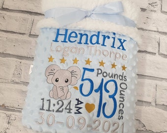Personalised Elephant Baby Blanket, Embroidered Luxury Dimple Baby Blanket, Full Birth Detail, Gift, Boy Blanket