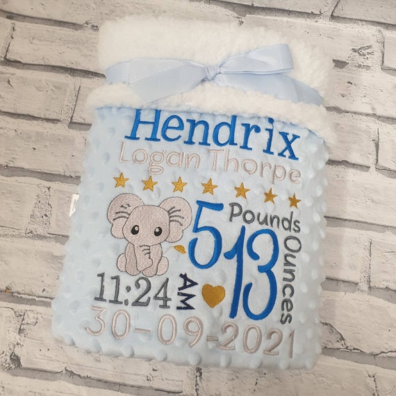 Personalised Elephant Baby Blanket, Embroidered Luxury Dimple Baby Blanket, Full Birth Detail, Gift, Boy Blanket