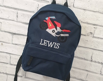 Personalisierter Motorrad-Kleinkind-Rucksack, gestickter Motorrad-Rucksack, Nursey, Schultasche, Unisex, Junge, Mädchen, Sportfahrradtasche
